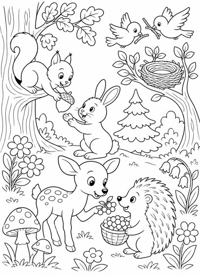 Colouring page preview: Nature's Life Lesson — Helping Hands in the Forest