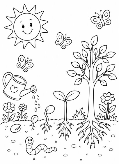 Colouring page preview: Nature's Life Lesson — Little Seed, Big Tree