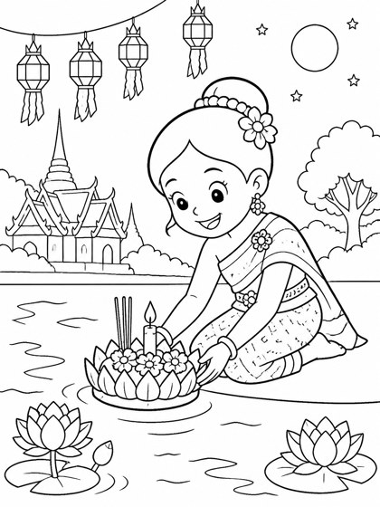 Colouring page preview: Lanterns on the Water — Floating a Krathong