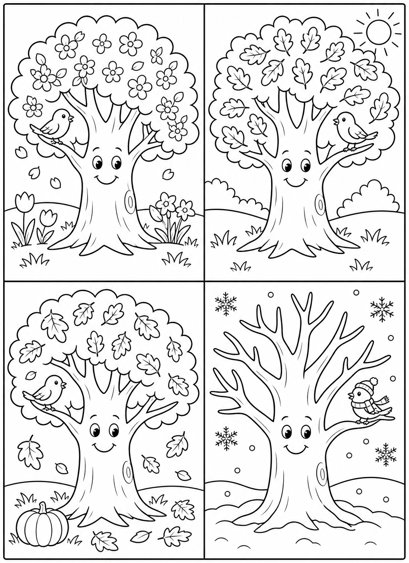 Colouring page preview: Nature's Life Lesson — Four Seasons Tree