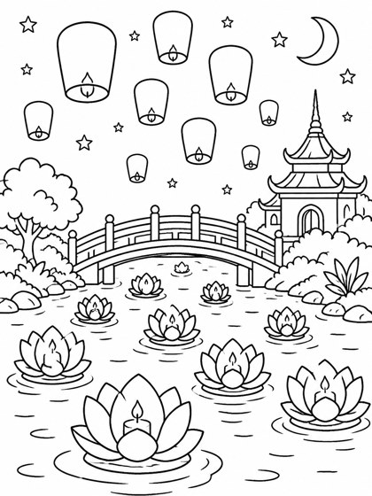 Colouring page preview: Lanterns on the Water — Lantern Night River